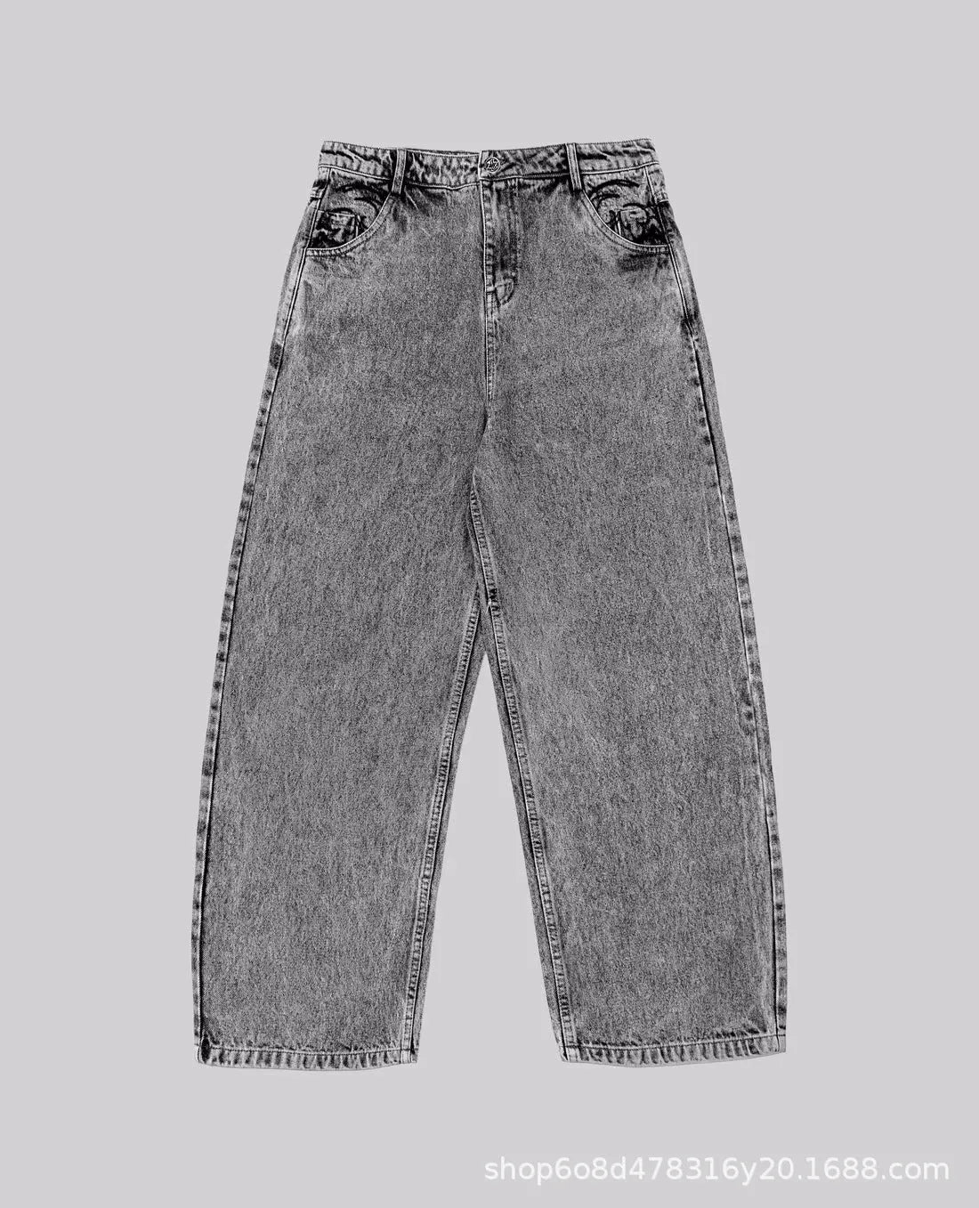 Grey loose straight-leg denim trousers for men and women with mid-waist design