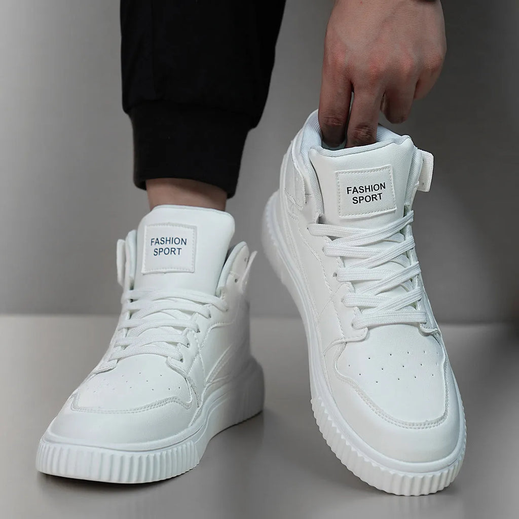White men's casual shoes with round toe design and microfiber upper, shown from side view