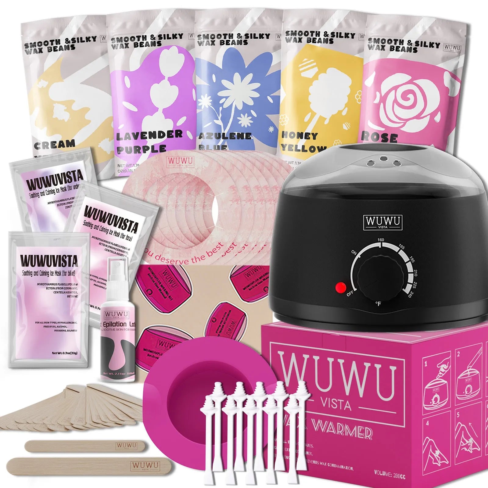 Waxing Set 52pc Professional Kit with hard wax beans, wax warmer, protection collar, and post-treatment lotion and ice masks for sensitive skin hair removal