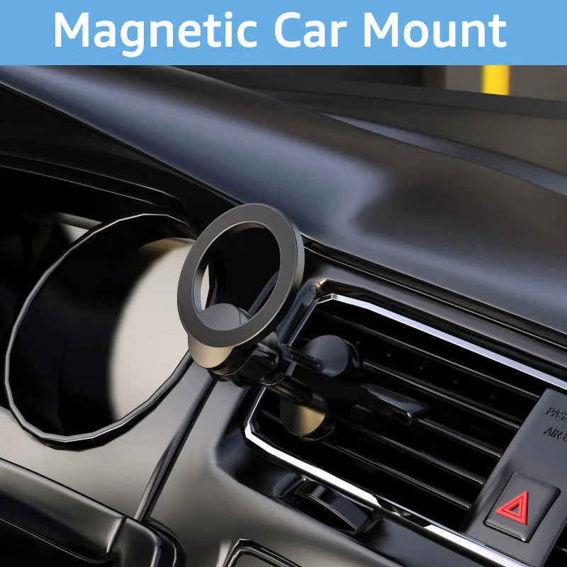 Black magnetic car phone holder attached to vehicle air vent with O-ring bracket design