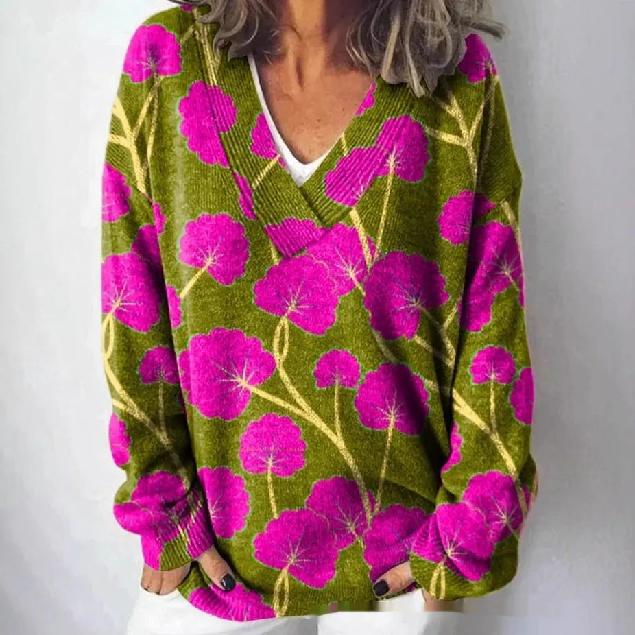 Women's floral pattern V-neck sweatshirt with 3D effect design in art retro style