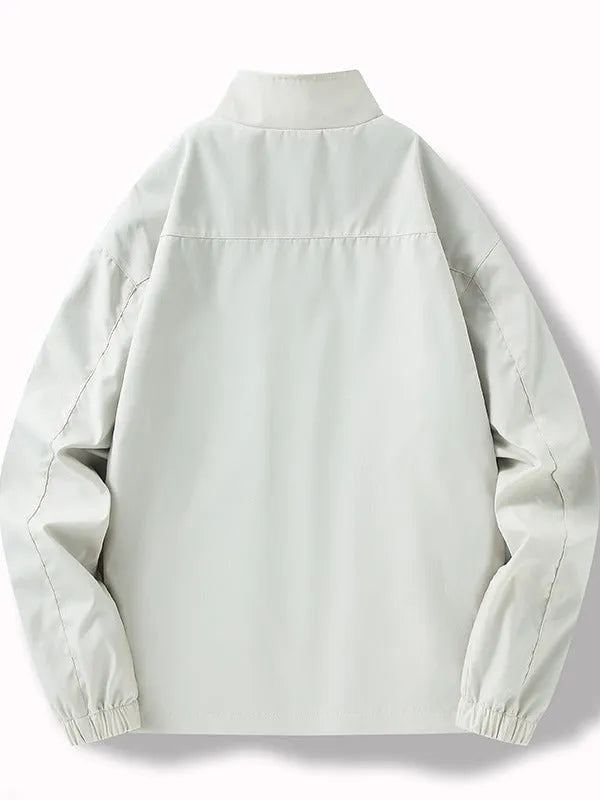 Men's thin loose all-match long sleeve coat with polyester lining, shown in white, dark green, and black, sizes M to 4XL