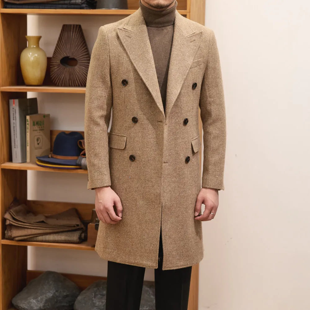 Brown men's double-breasted slim-fit wool blend jacket with side seam pockets and straight hem.
