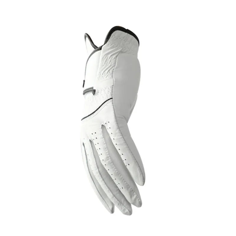 White half sheepskin golf glove for men with non-slip grip, shown in size options 22-26