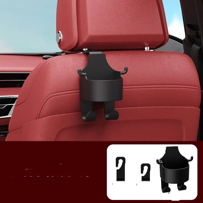 Black plastic car seat back organiser with cup holder and hook.