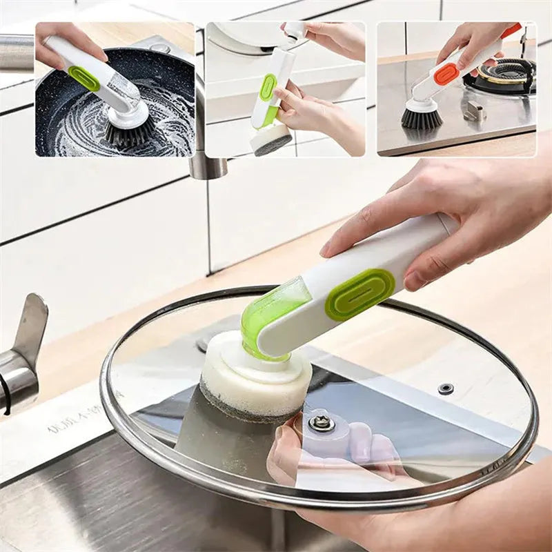 Long-handle kitchen cleaning brush with integrated soap dispenser and two removable brush heads, in white and red colour option.
