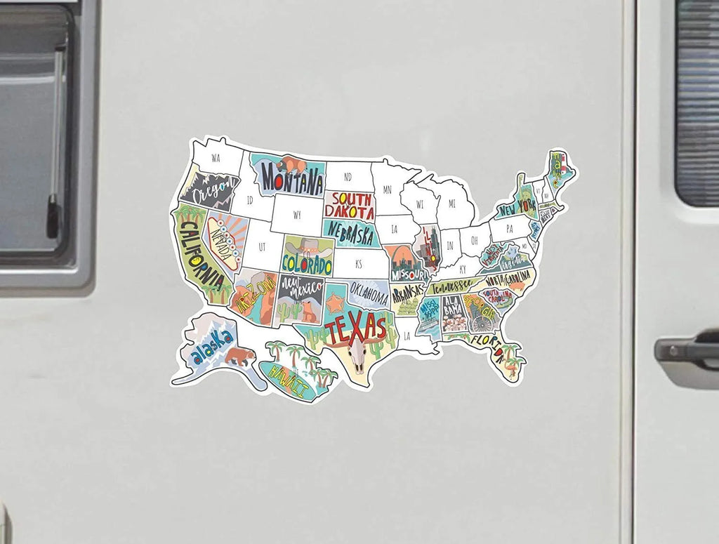 Travel-themed car body sticker set showing two style designs with blank white background map for destination tracking