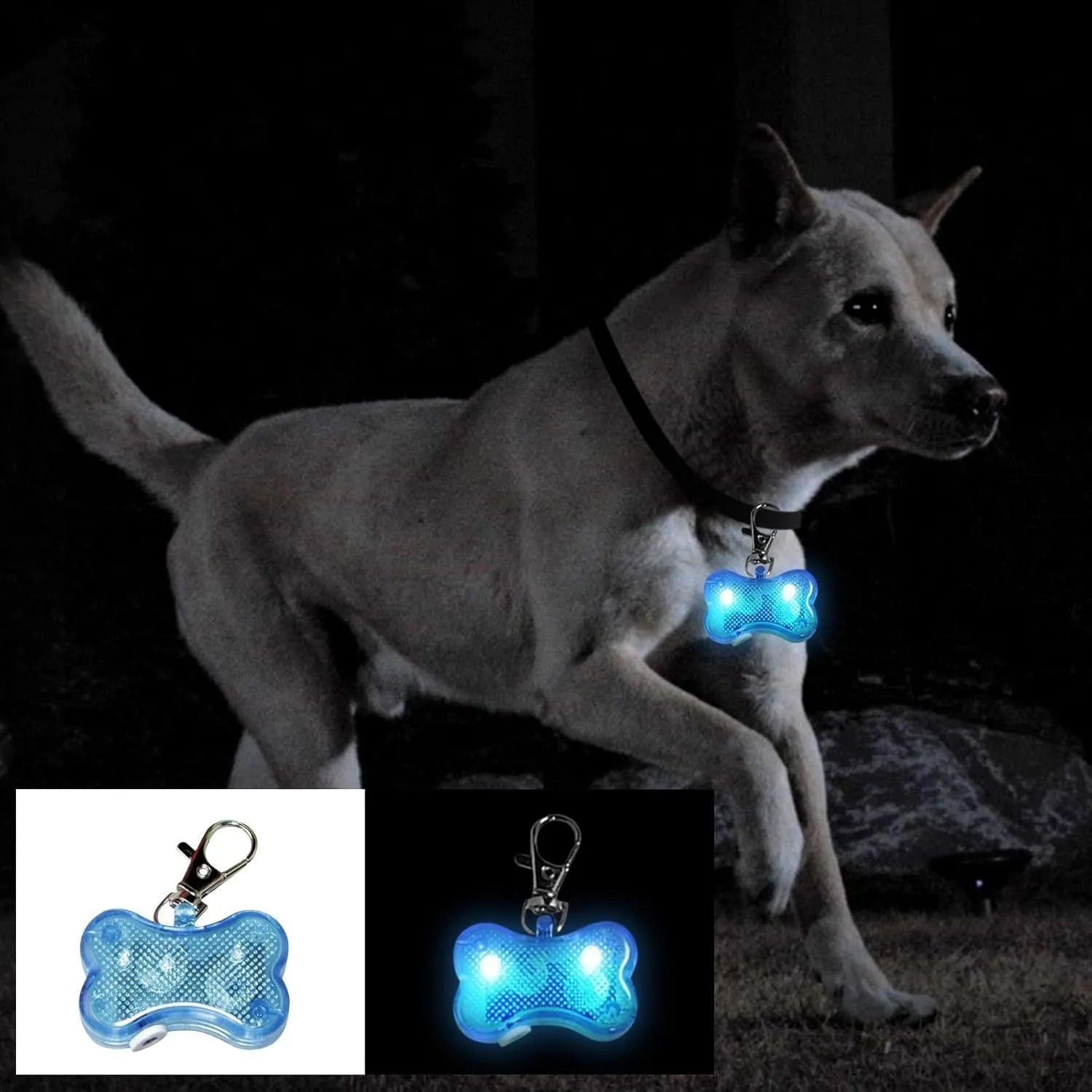 LED bone-shaped luminous pendant for pet collars in blue, green, orange, red, white, or yellow with three lighting modes