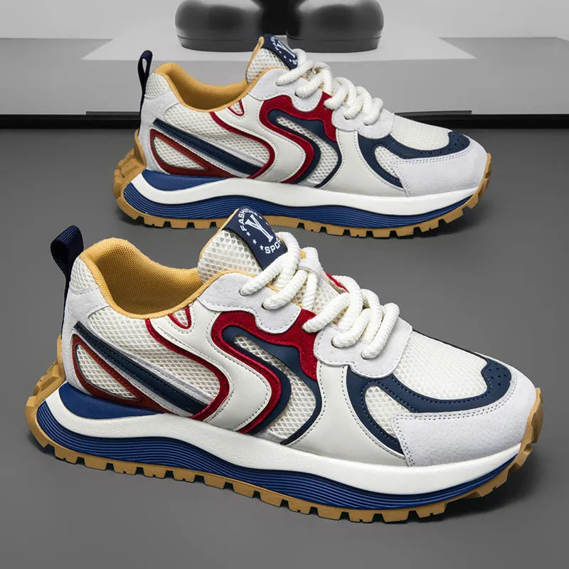 Men's round-toe sneakers in yellow with mesh panels and white laces on a rubber sole.