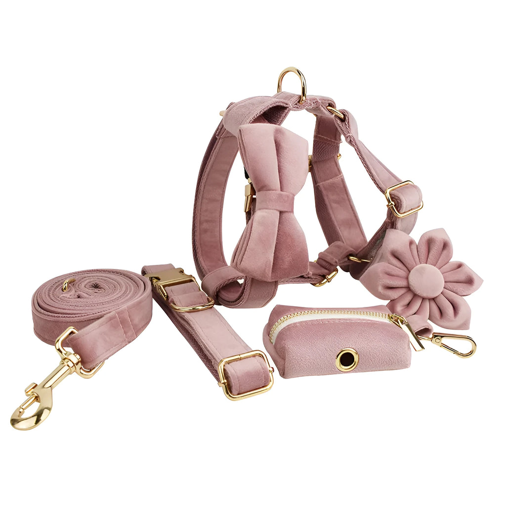 Light purple pink velvet dog collar with matching rope leash from a pet accessory set