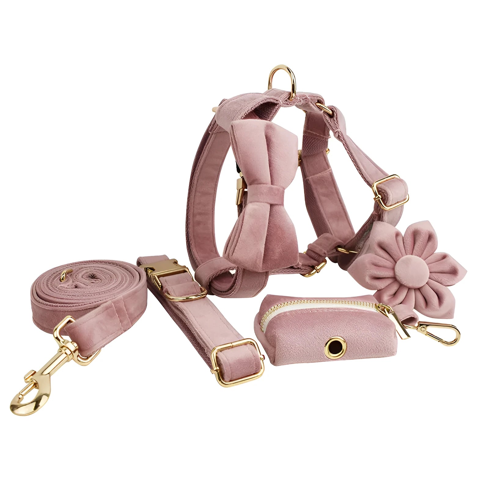 Light purple pink velvet dog collar with matching rope leash from a pet accessory set