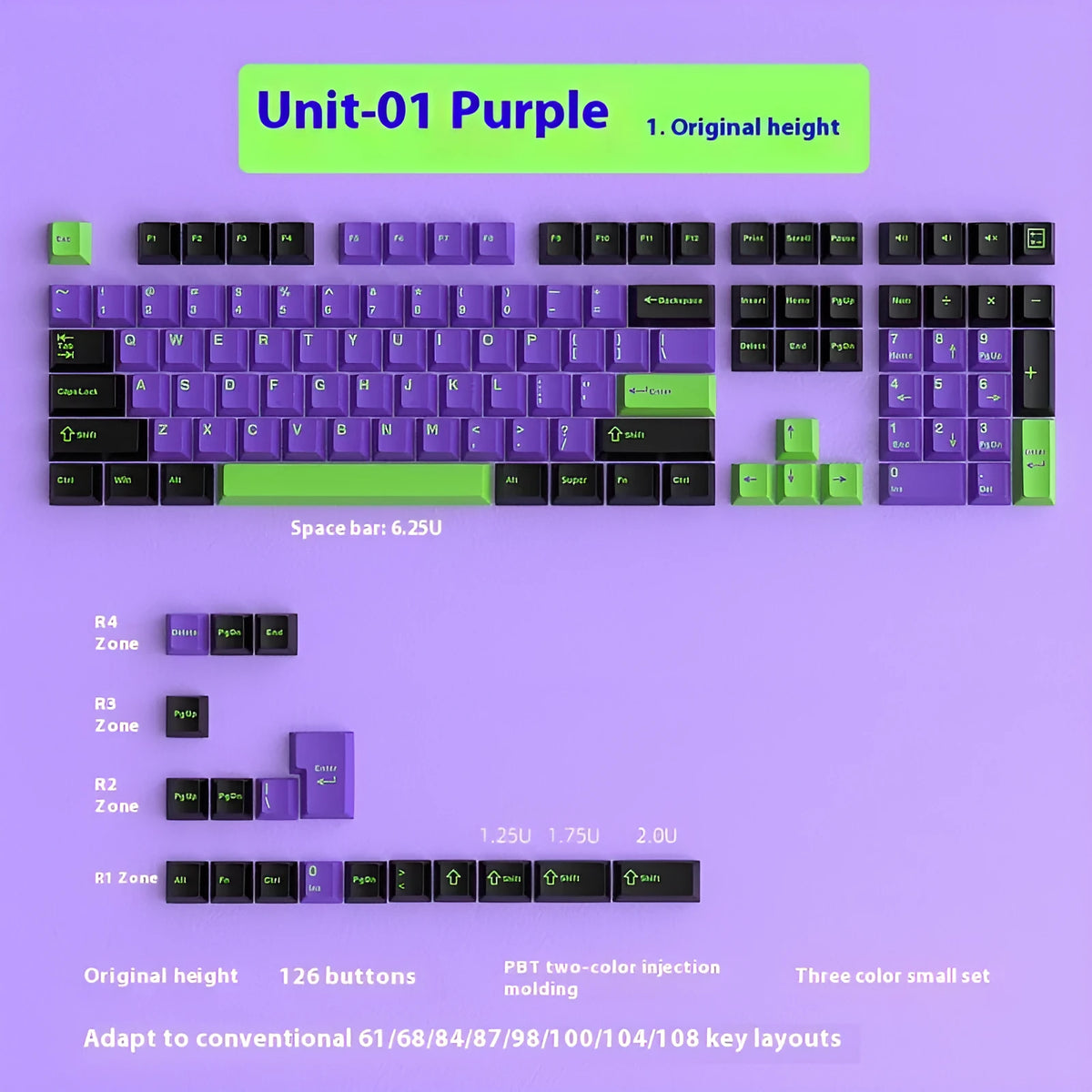 126-piece two-colour keycap set for 61 to 108 key mechanical keyboards, 290 x 160 x 30mm, black or purple