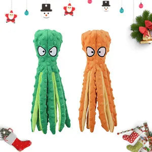 Blue octopus-shaped dog chew toy with crinkle paper and squeaker, no stuffing.