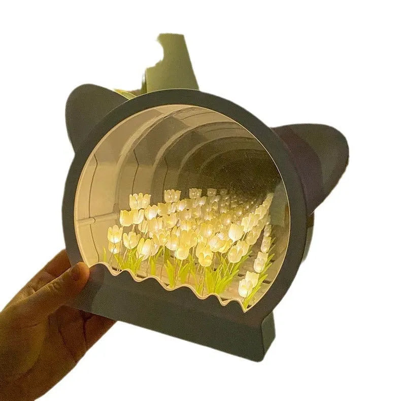 DIY cat head night lamp with colourful handmade tulip flowers, shown in pink, blue, purple, and yellow variants.
