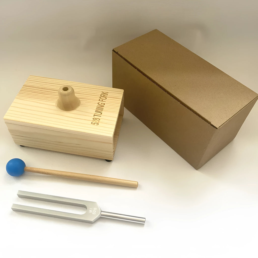 Aluminium alloy tuning fork with speaker for sound therapy, showing 432Hz and MI528 model options