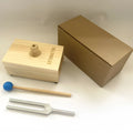 Aluminium alloy tuning fork with speaker for sound therapy, showing 432Hz and MI528 model options