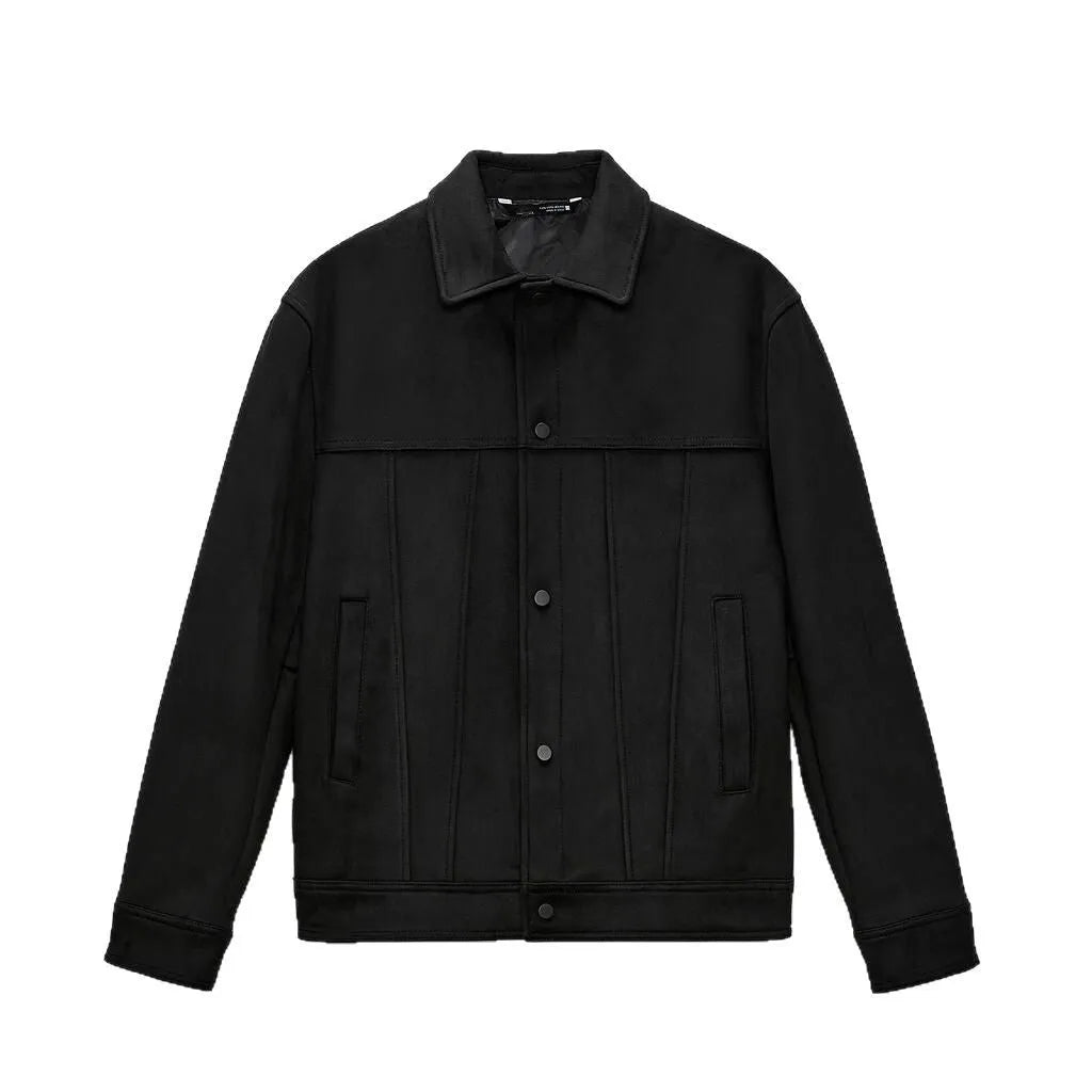 Men's black hooded jacket with suede collar, side pockets, and regular fit