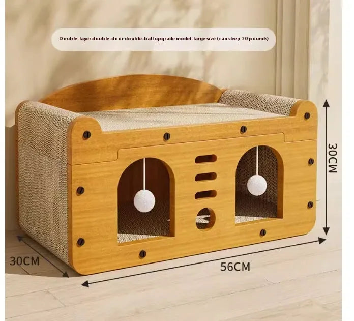 Corrugated paper double layer cat house with double ball double door design