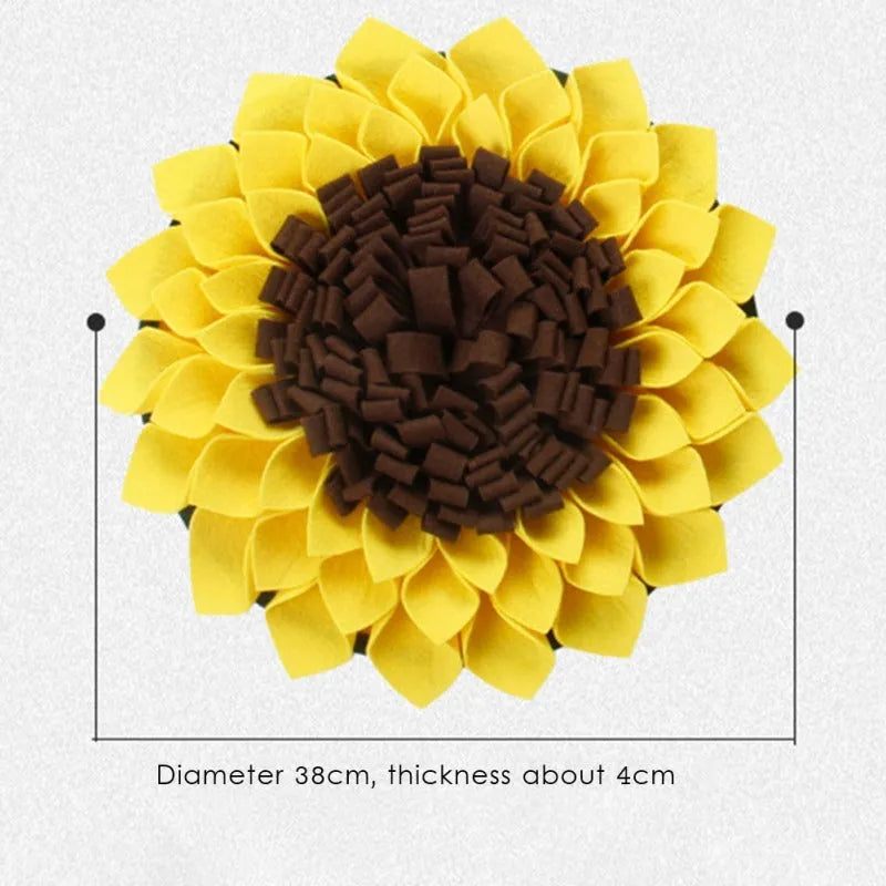 Yellow sunflower pattern dog snuffle mat measuring 37.5cm square with rope attachment