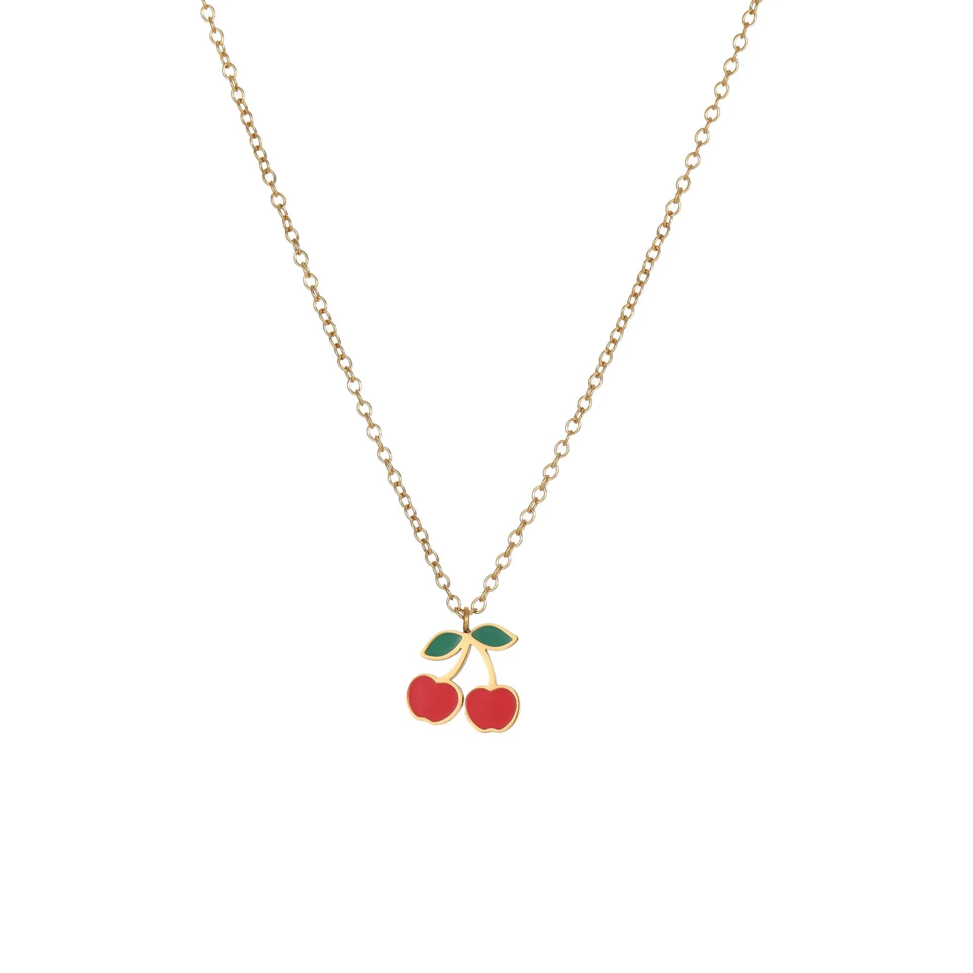 Complete cherry jewellery set with stainless steel necklace, bracelet, earrings, and ring on 18K electroplated chain.