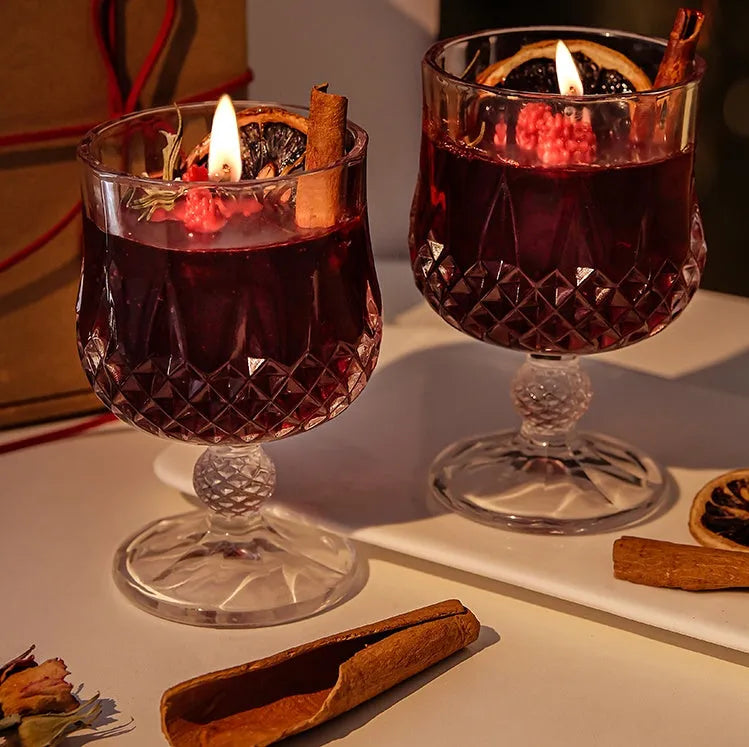 Glass wine goblet scented candle with crystal-style design and French mulled wine fragrance