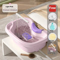 Portable bed shampoo basin with integrated neck pillow, circulating water pump, drain pipe, and massage brush for hair washing while lying down