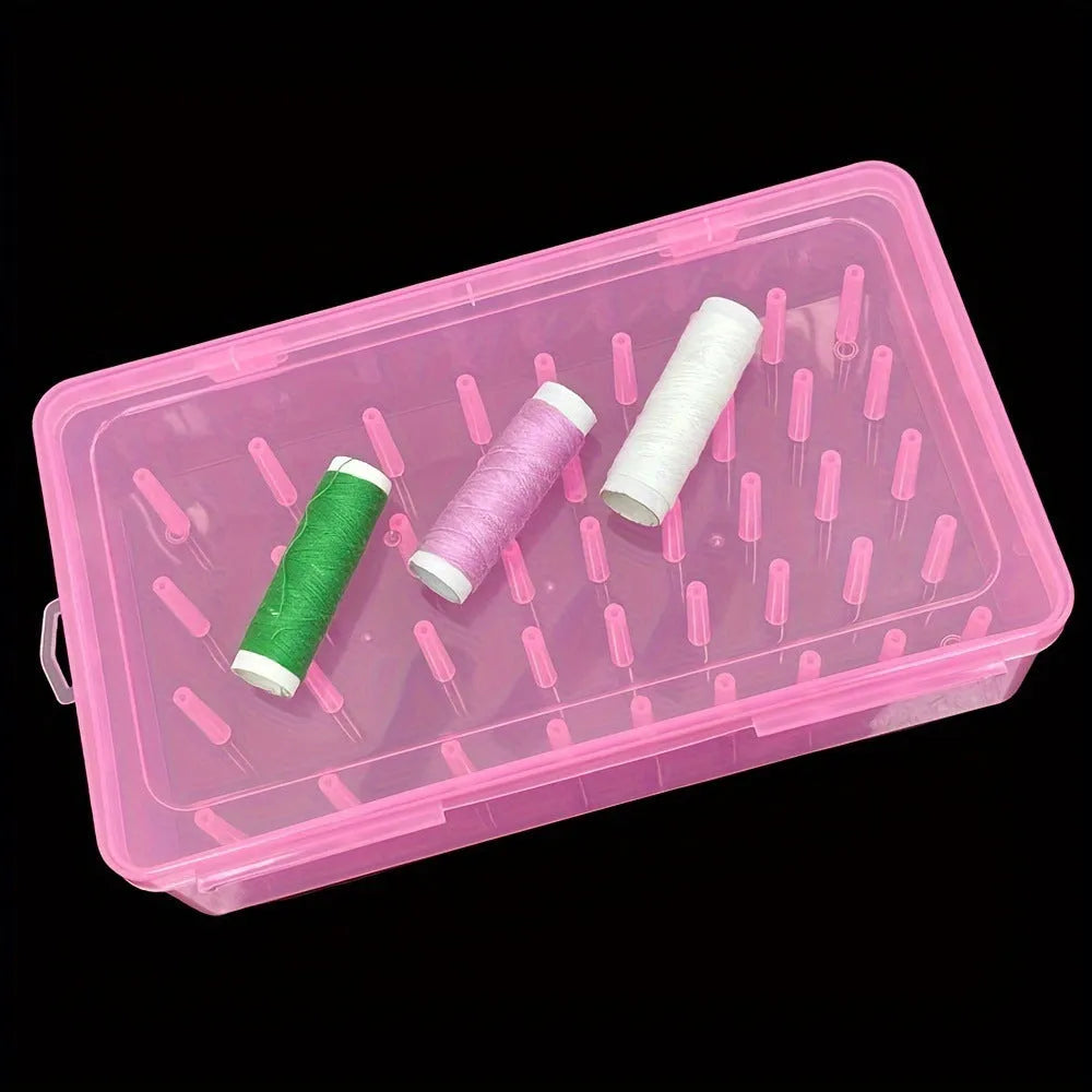 42 compartment plastic sewing tool organiser box with transparent lid showing needles and embroidery tools inside