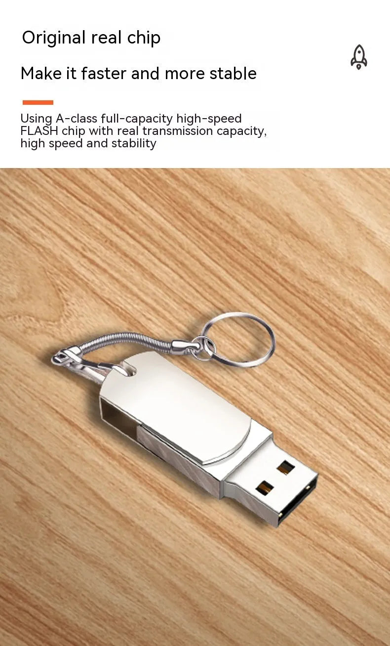 White metal rotating USB flash drive showing compact 34mm size with protective shell