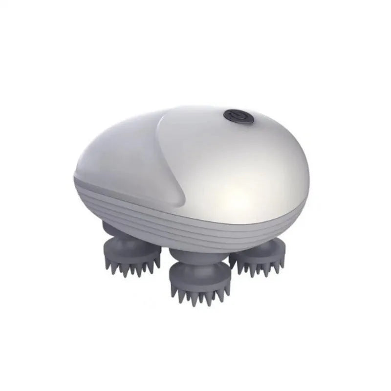 Blue handheld electric pet massager with rotating heads for cats and dogs on a grey background.