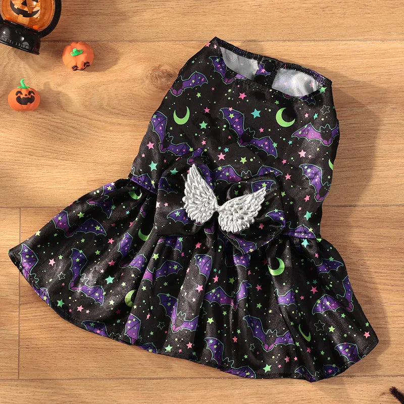 Halloween dog costume with angel wings in bright pumpkin design, showing front closure and wing extension