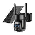Solar-powered outdoor security camera with 8x zoom lens and solar panel on top, suitable for household monitoring