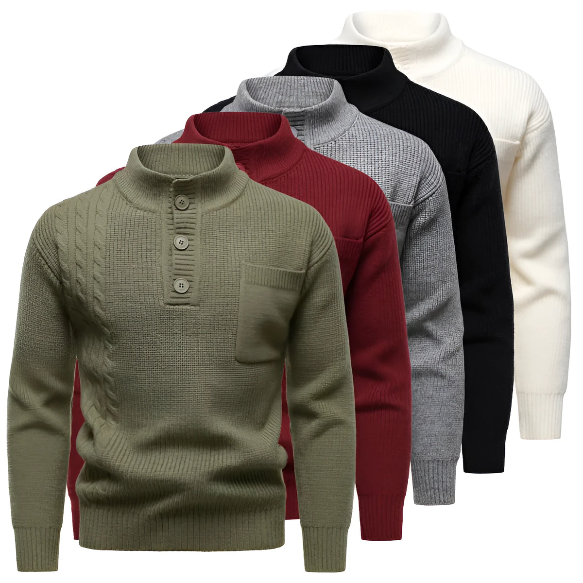 Men's Henry stand collar sweater with batwing sleeves, ribbed hem, in black, beige, grey or Bordeaux red, sizes M to 4XL.