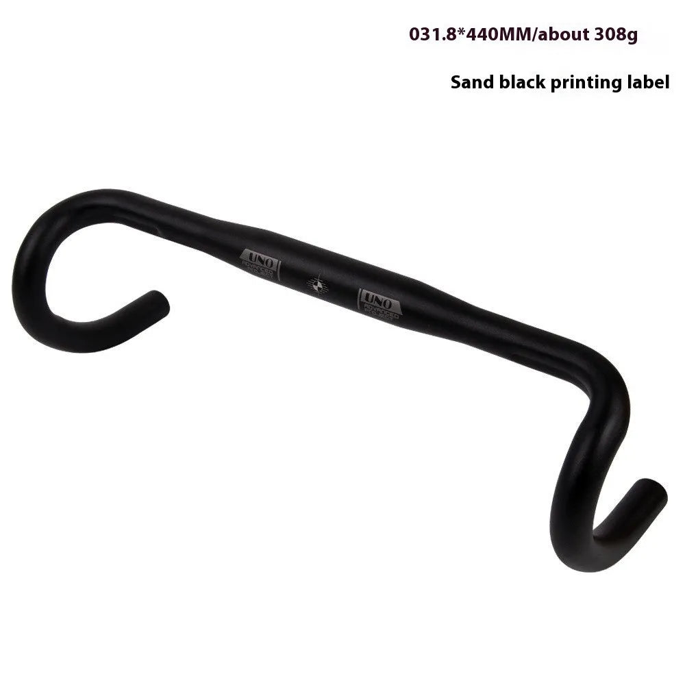 Black aluminium road bike drop handlebar with small bent shape and UNO printing marks