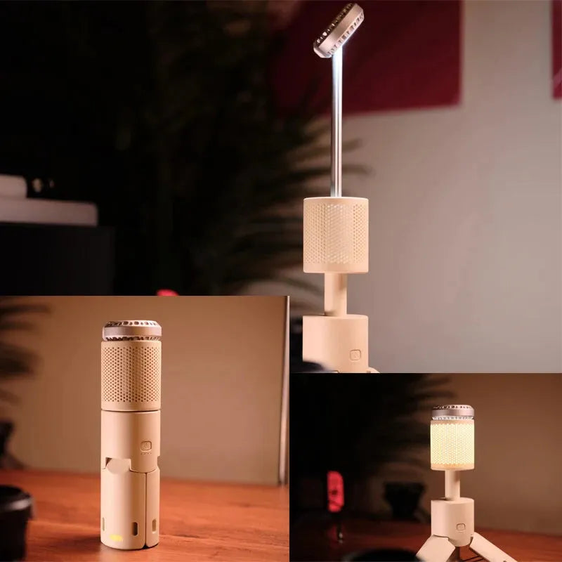 Portable LED camping light in creamy white or dark grey with 360-degree illumination and button switch