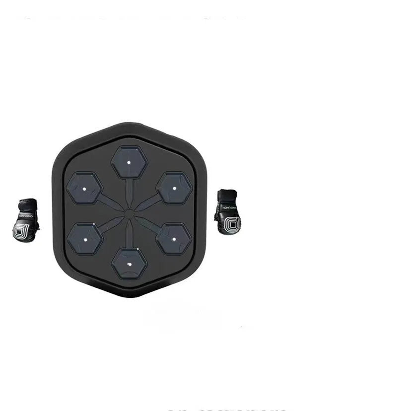 Black smart boxing machine with Bluetooth connectivity, EVA construction, and included gloves on stable surface