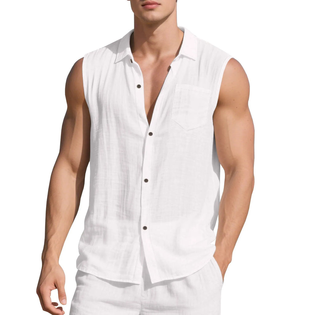 Man wearing sleeveless linen cardigan vest in light blue colour with open front design