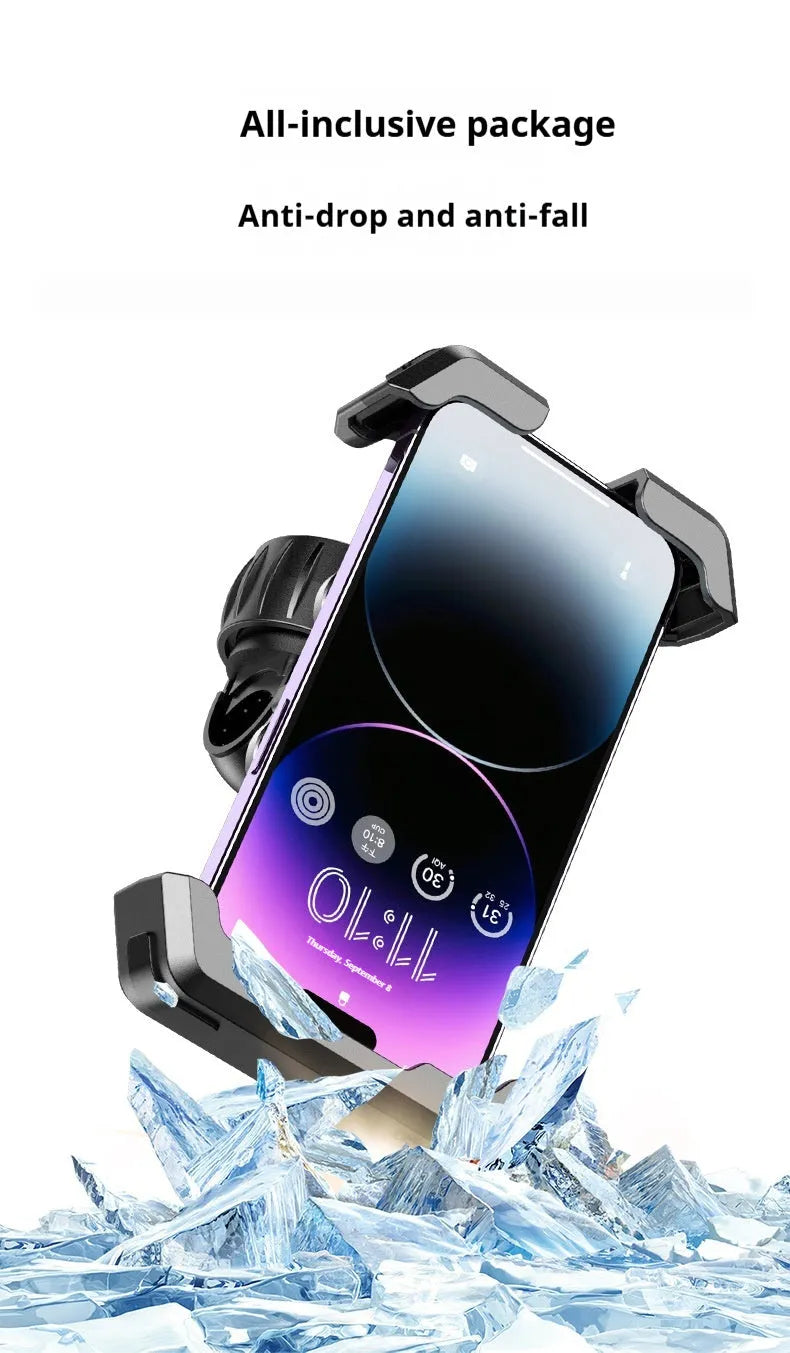 Black ABS plastic cycling phone mount on bicycle handlebars with adjustable knob.