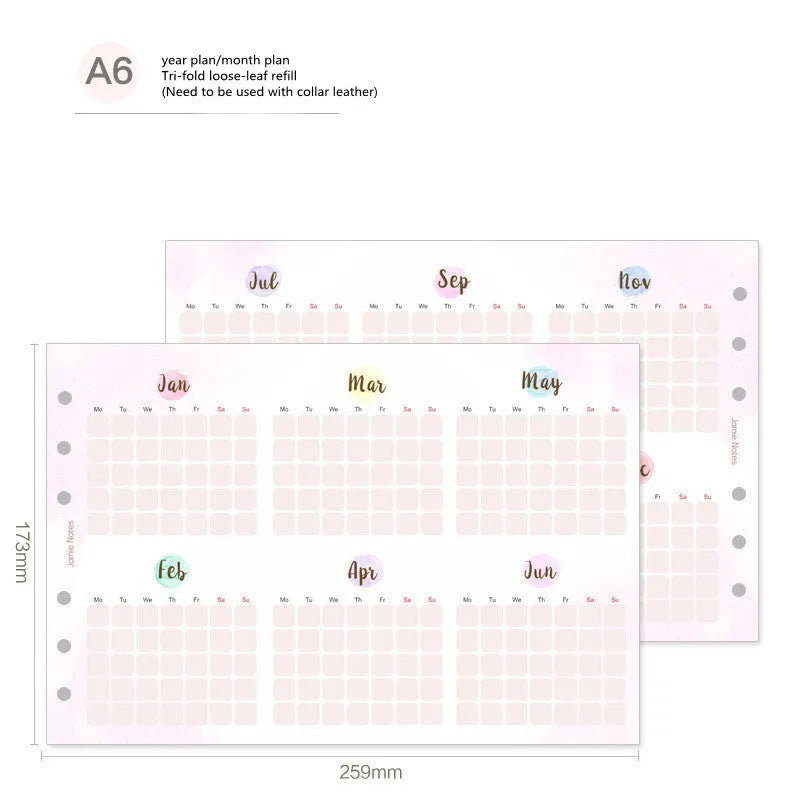 Handbook loose-leaf refill paper in A7, A6, and A5 sizes with floral and planning designs