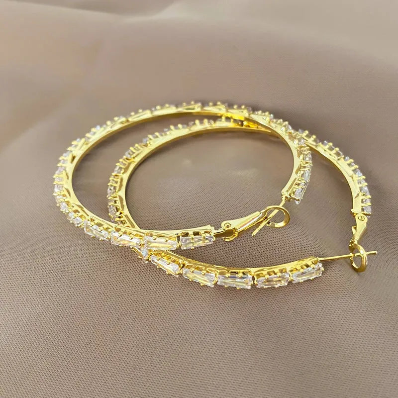 Gold-plated copper big circle hoop earrings with rhinestone inlay and 925 silver needles