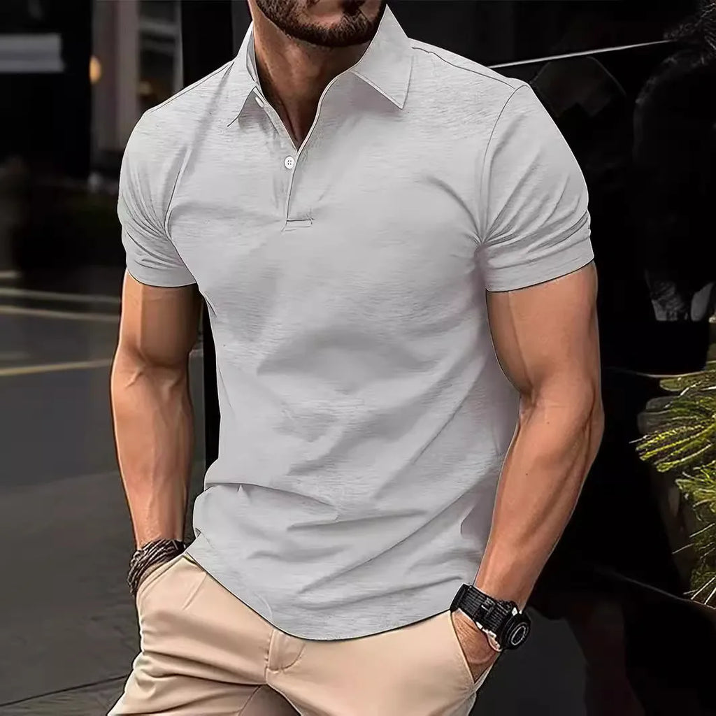 High Sense slim-fit short sleeve shirt in cotton blend fabric showing button front and solid colour design