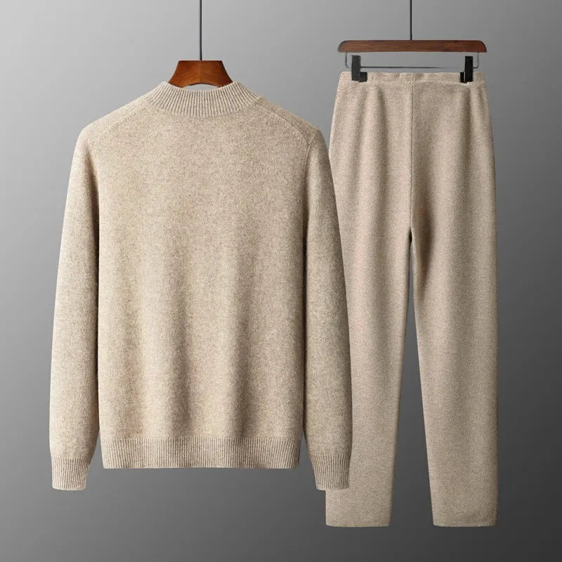 Men's double-strand thickened wool suit cardigan in light camel, dark gray, and black, long sleeve knitwear with trousers, Asian sizes.