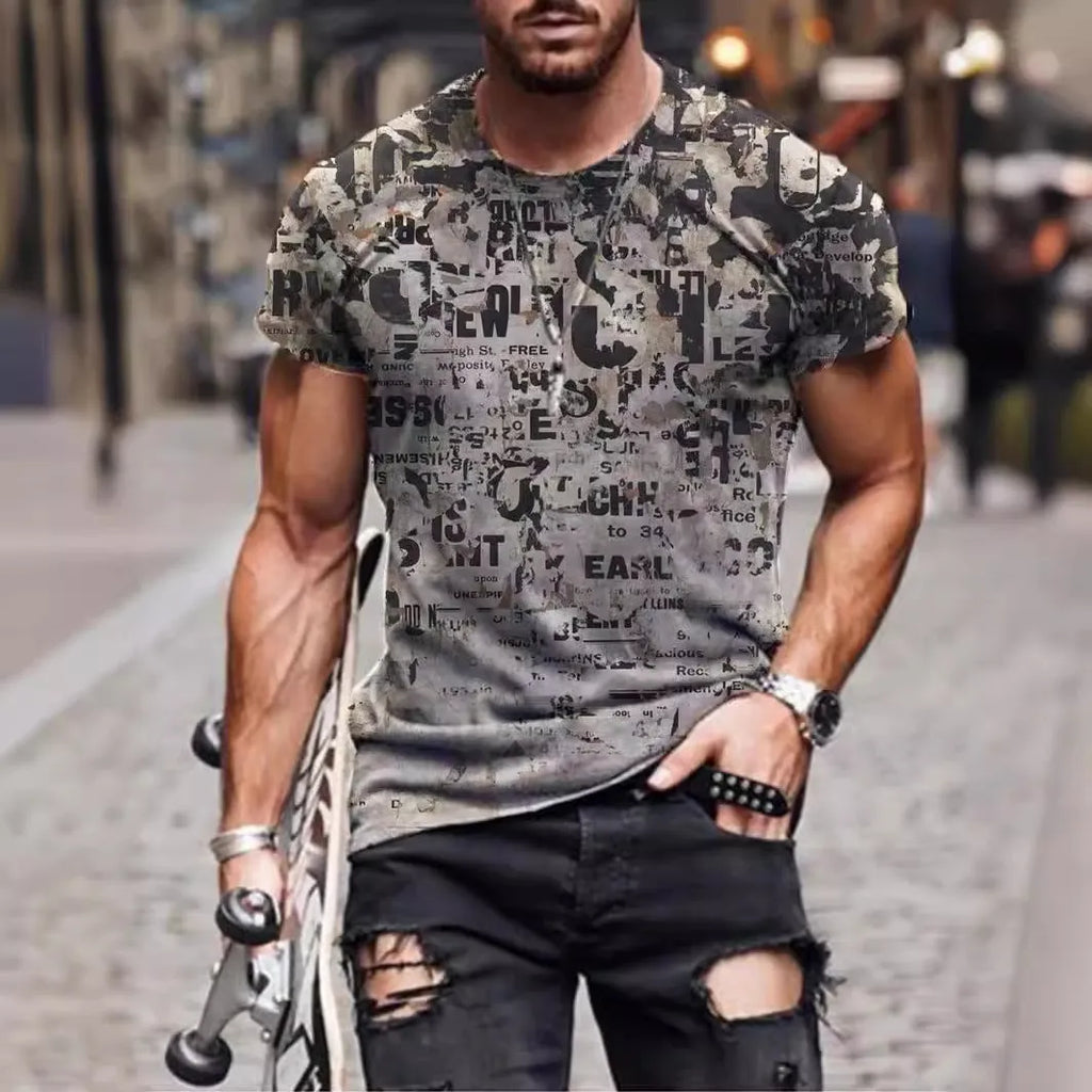 Men's camouflage print short sleeve T-shirt in loose fit milk silk polyester fabric