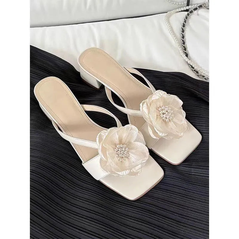 Korean style women's sandals with chunky heel and square toe design in cream-white colour