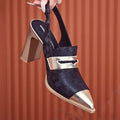 Korean style women's black strap sandals with chunky heel and pointed toe on a rubber sole.