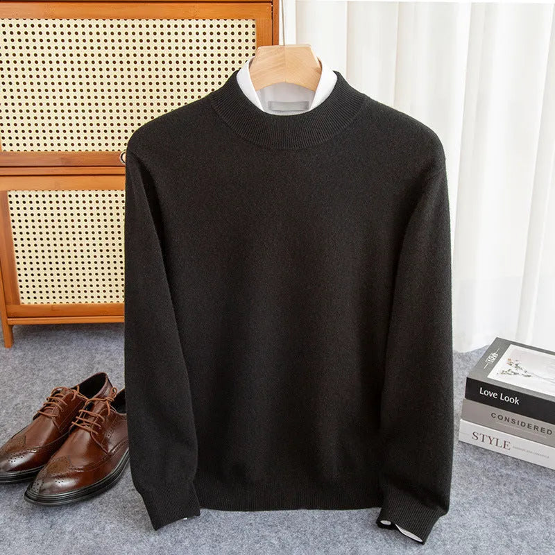Men's half-collar wool sweater in loose fit showing texture of rough yarn wool