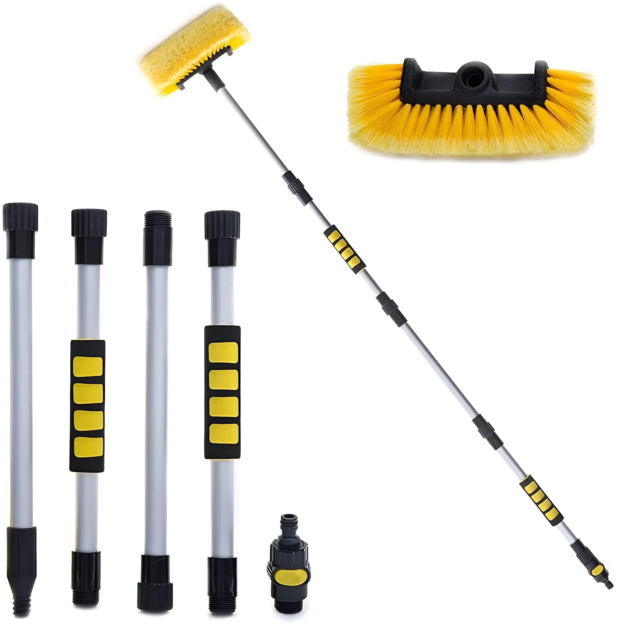 Yellow car wash brush with four-section removable rod and flow-through brush head for portable vehicle cleaning