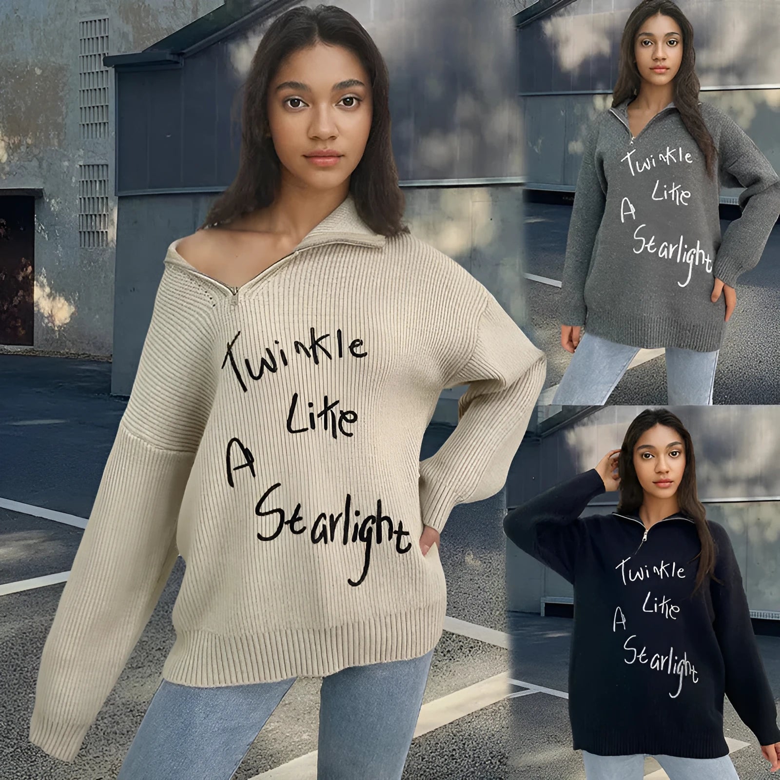 Woman wearing a light khaki alpaca wool pullover sweater with loose lapels, a turtleneck, and an oblique zipper.