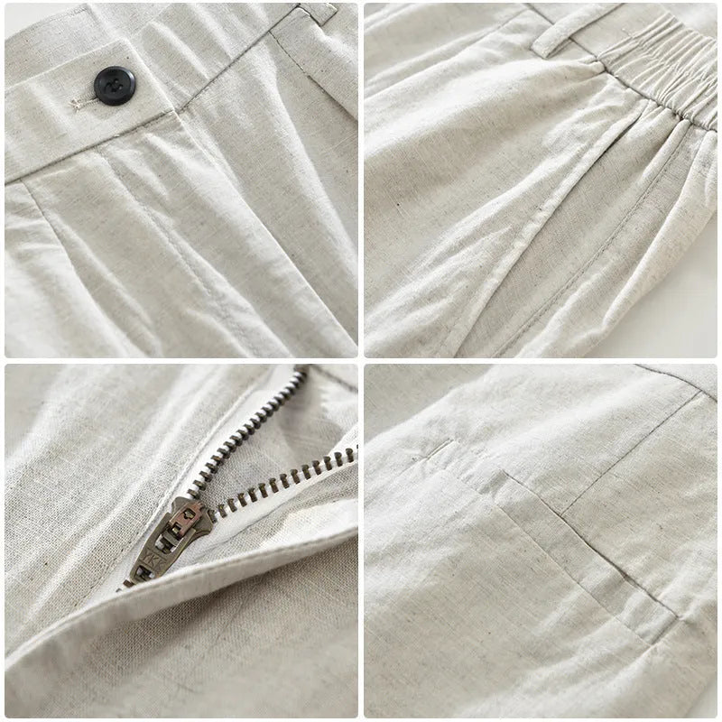 Men's loose straight-leg trousers in a cotton linen blend, shown in a solid colour.