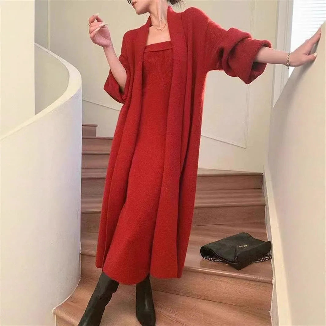 Women's knitted cardigan dress sweater suit in gray with flocking details, long skirt, and regular sleeves