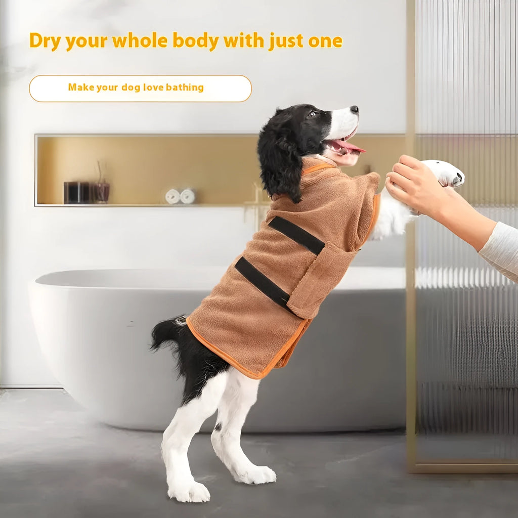 Nylon pet drying robe for dogs and cats in grey with orange edge design